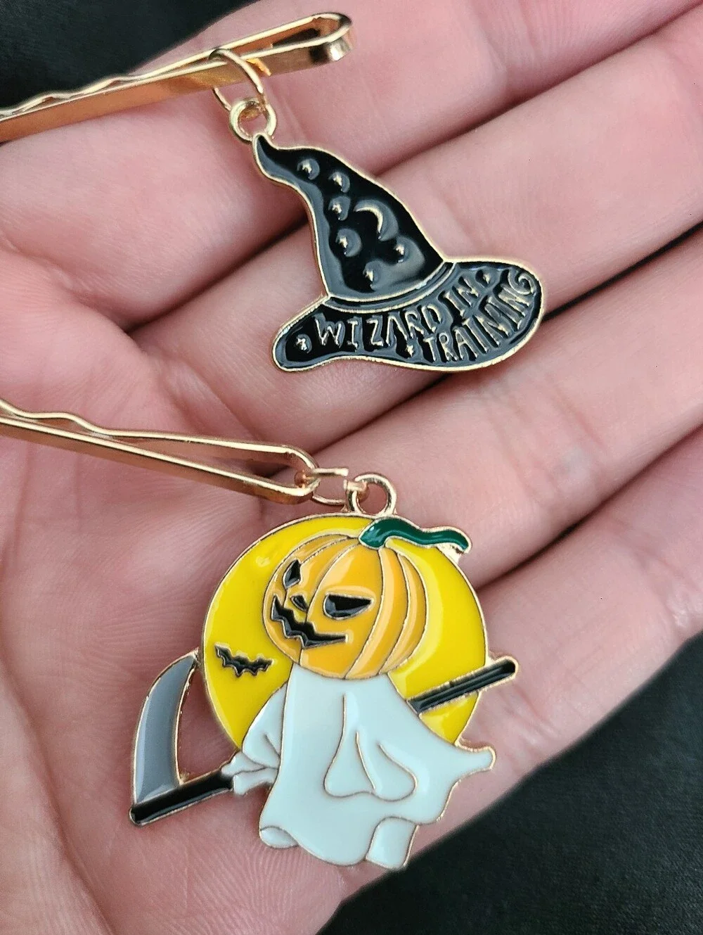 Gold Halloween Charm Hair Pins - Pumpkin & Witch Hat